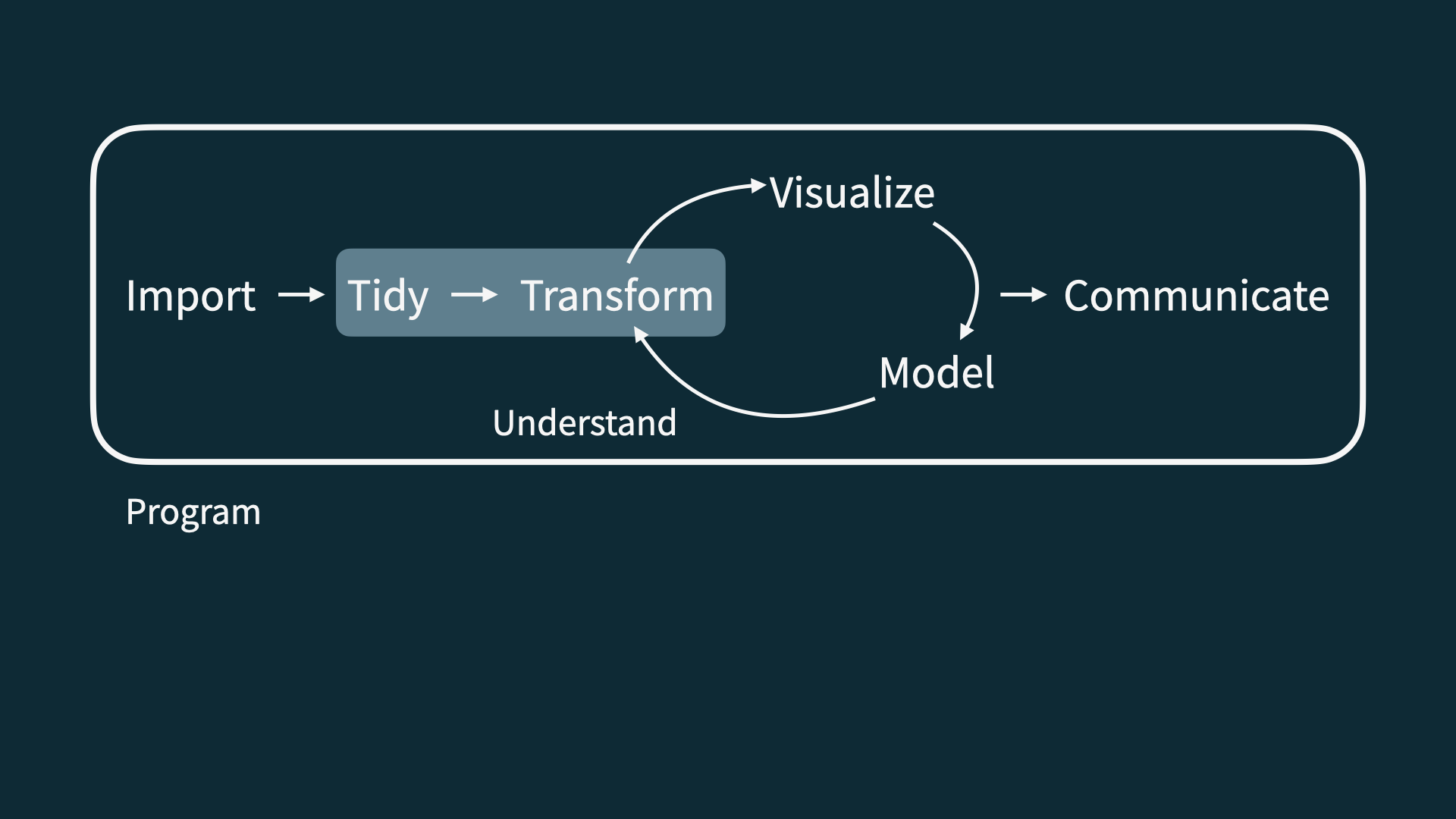 Data science life cycle, with tidy and transform highlighted
